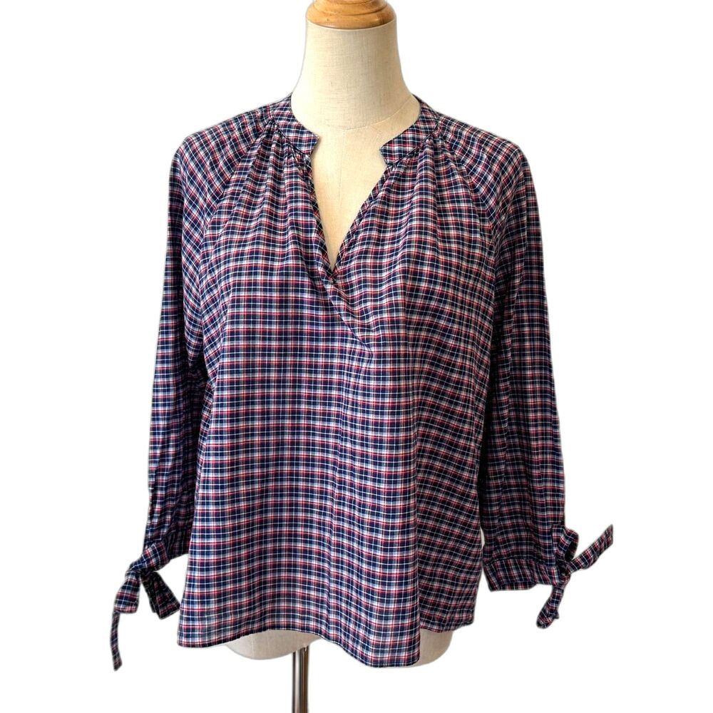 Madewell Tie Sleeve Popover Top in Whitby Plaid Small Linen Cotton Blend